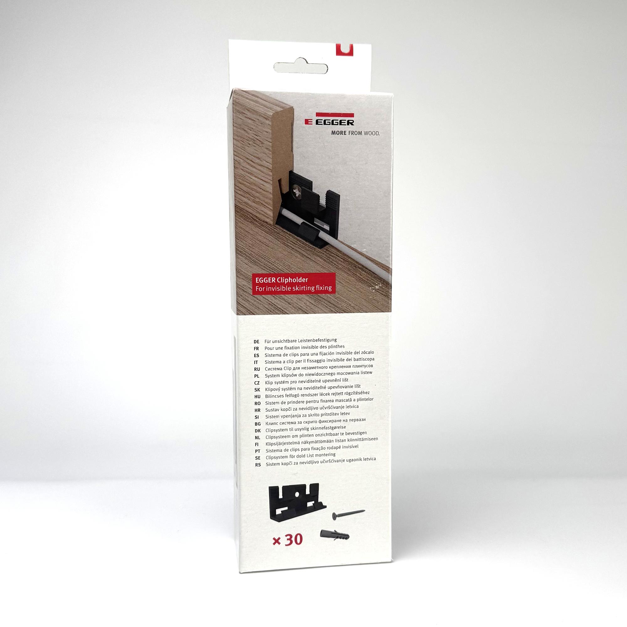 Úchyt na soklové lišty Egger hranaté 6 a 8 cm, CLIP HOLDER (30 ks/bal + skrutky + hmoždinky)